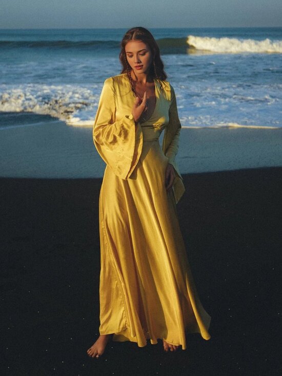 Weitese Dresses & Skirts - Weitese Gold Dress Floor Length Goddess Bell Sleeve Dress Deep V Neck